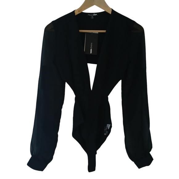 Fashion Nova Bodysuit Deep Plunge Making Decisions Black with Cut Outs - Picture 3 of 12